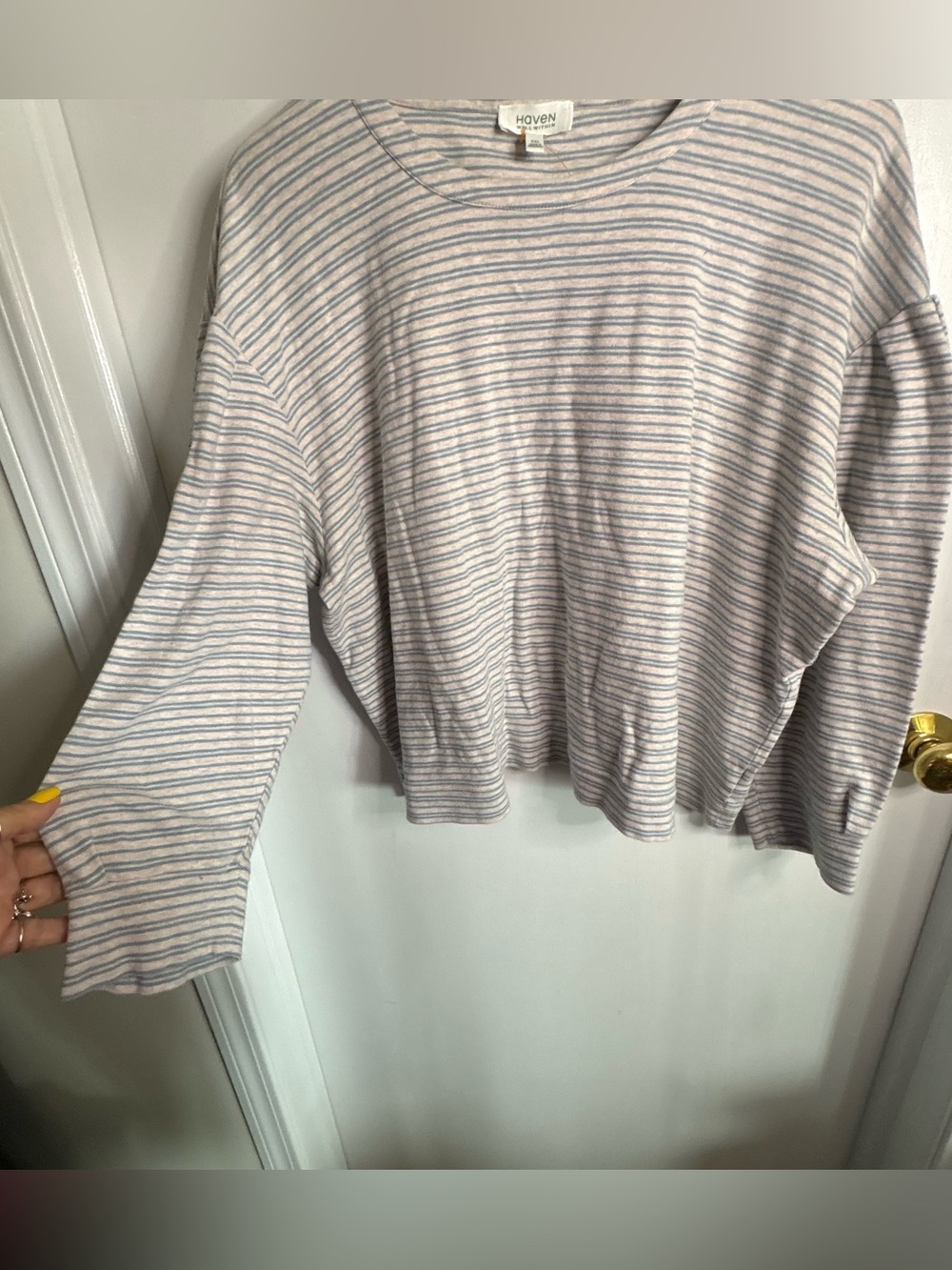 Have Striped Crewneck Long Sleeve Top - White & Light Blue